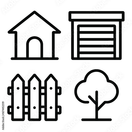 A clean set of outline icons illustrating fundamental residential property features and outdoor elements like a dog house, garage, fence, and a tree.