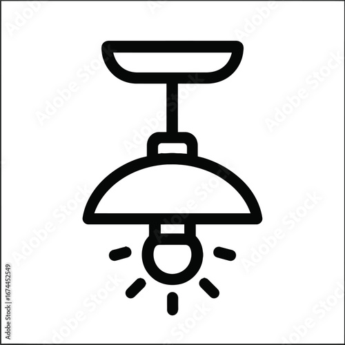 This minimalist line art icon features a modern ceiling light fixture with a glowing bulb, symbolizing illumination, home decor, and interior design concepts.
