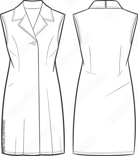 Sleeveless women’s coat flat sketch, long vest technical drawing with lapel collar, single button closure, back darts, CAD vector illustration