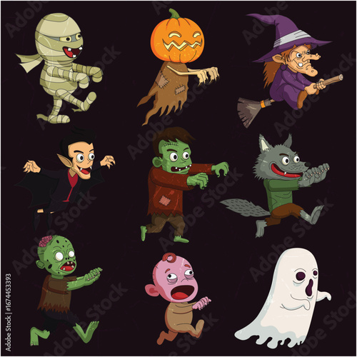 Cartoon Halloween Characters Vector Set with Monsters, Ghosts, and Witches