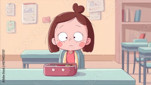 Young girl looks concerned at her empty pencil case in a bright classroom setting during a school day