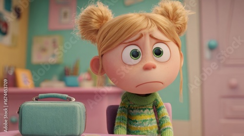 Child expresses sadness while sitting at a colorful table with a lunchbox in a cheerful room during the day