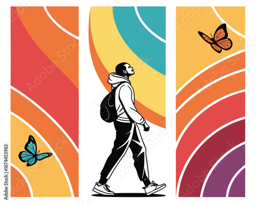 Man walking towards vibrant skies inspiration and dreams with butterflies in a retro stylized triptych