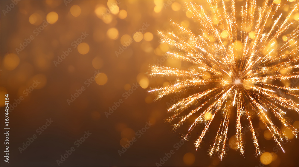 Fototapeta premium Golden sparkler firework with bokeh background. Festive celebration concept. Bright light explosion for holiday card.