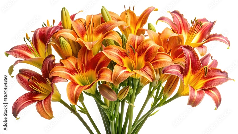 Fototapeta premium Vibrant bouquet of orange and red daylilies on a stark white background