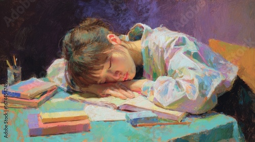 Student resting on table surrounded by books in a colorful study environment in the late afternoon