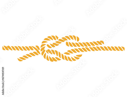 Schematic representation of a braided rope rolled into a yellow knot. Climbing rope, sea rope, knots and loops. Vector drawing on a white background background.
