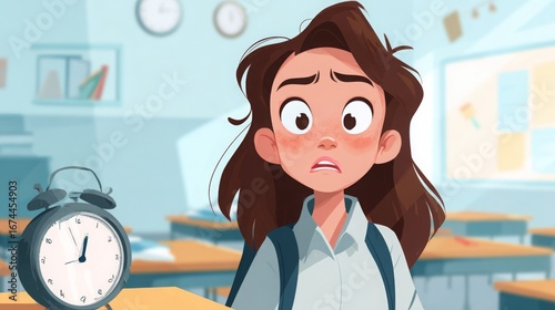 Student feels anxious about being late in a bright classroom setting with a clock showing the time