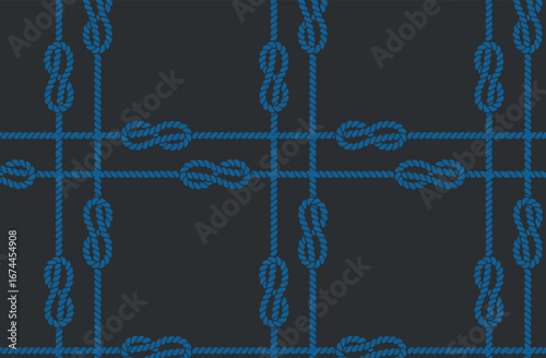 A pattern of rope with knots intersecting in the form of squares. Climbing rope, sea rope, knots and loops. Vector drawing on a black background background.
