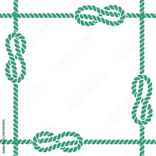 The rope frame is green in color, with knotted knots. Climbing rope, sea rope, knots and loops. The frame is square on a white background.