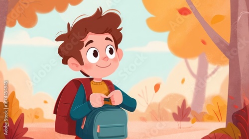 Joyful boy in colorful autumn park holding backpack and enjoying nature's beauty on a sunny day