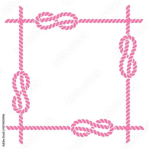 The frame is made of pink rope and knotted knots. Climbing rope, sea rope, knots and loops. The rope frame is square on a transparent background.