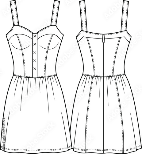 Stylish sleeveless fitted mini dress with sweetheart neckline, button front, gathered waist, fashion garment CAD drawing, flat vector illustration