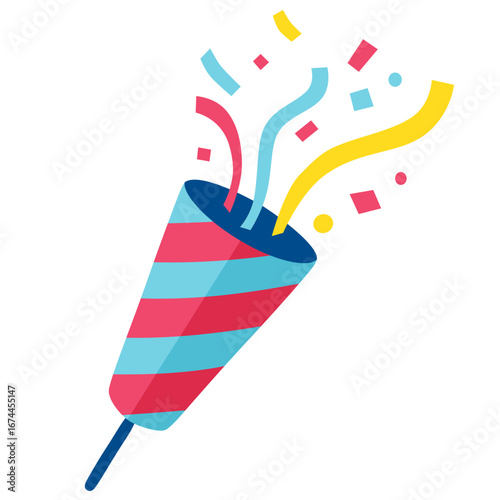 Party Popper colored holiday crackers and confetti. Celebration of fun parties. Vector illustration in flat cartoon style.