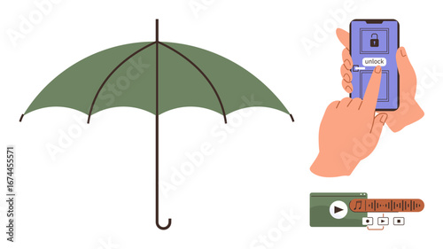 Green umbrella, hand using smartphone to unlock screen, and media player controls with play bar. Ideal for technology, security, weather, streaming, convenience multitasking safety concepts. Simple