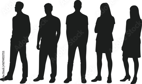 Professional business team in black and white silhouette, diverse executives, teamwork concept, corporate leadership, unity, success, partnership, standing together