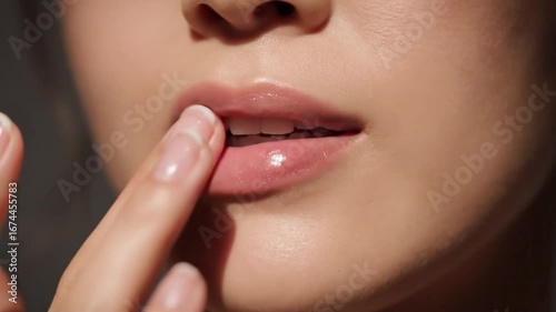 A woman's perfectly moisturized lips are gently touched by her finger, highlighting her beauty and skincare routine