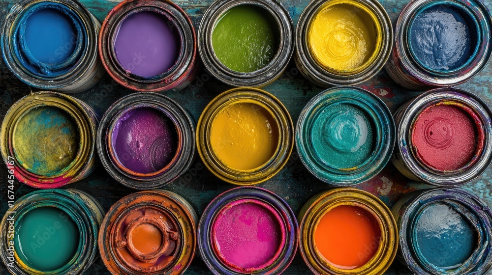 Fototapeta premium Colorful paint cans arranged in a grid pattern (1)