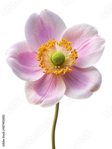Elegant anemone flower with soft pink petals, a vibrant green center, and yellow stamens