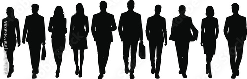 Silhouettes of confident business professionals walking forward, teamwork, leadership concept, black and white style, corporate unity, formal attire, success