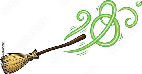Witch's broom with green magic swirls perfect for halloween illustrations.