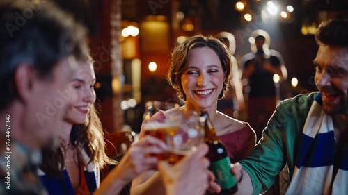 Cheerful students supporting sport game in night bar closeup. Smiling friends