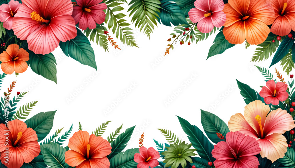 Fototapeta premium A decorative floral frame with blooming flowers and green leaves creates a beautiful spring border design