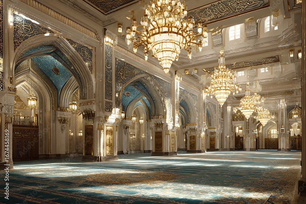 Obraz premium Stunning mosque interior with ornate gold detailing, elegant chandeliers, and vibrant blue accents, perfect for architectural and cultural projects