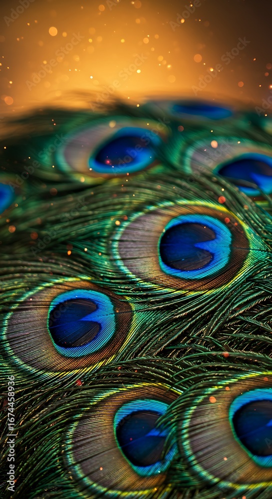 Obraz premium Exquisite close-up of iridescent peacock feathers with vibrant blue and green eyespots against a shimmering golden bokeh background, vertical.