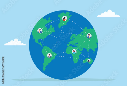 Vector illustration of a globe with people connected across continents, symbolizing global communication, networking, teamwork, international collaboration, and worldwide connectivity
