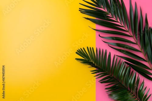 Tropical palm leaves on vibrant yellow and pink split background, colorful summer flat lay concept for vacation design, beauty branding, creative marketing, and social media content