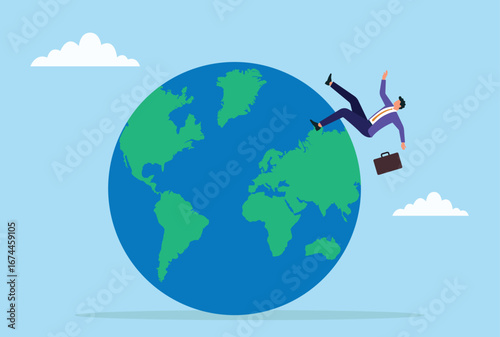 Vector illustration of a businessman falling from a globe, symbolizing risks, challenges, and the uncertainty faced in the global business world
