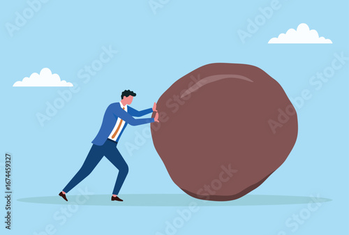 Vector illustration of a businessman rolling a heavy stone, symbolizing hard work, perseverance, determination, and effort toward overcoming challenges and achieving success
