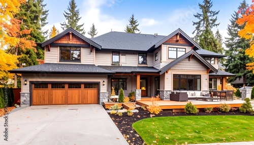 Two-story house with a wooden garage door, deck, surrounded by vibrant autumn foliage