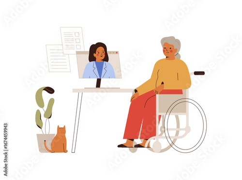 online medical appointment or Telemedicine. senior woman in wheelchair talking to doctor have video call from home. Therapist, general practitioner remote consultation, recommendation and receipts