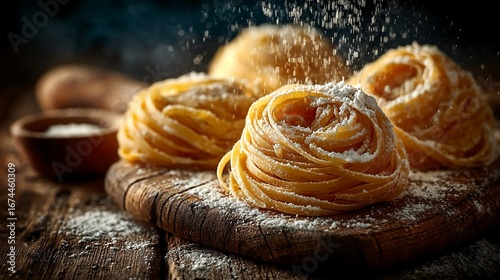 Close up of raw pasta nests on flour dusted wooden board with golden hue and dry texture creating rustic culinary mood perfect for food prep visuals or traditional Italian themes