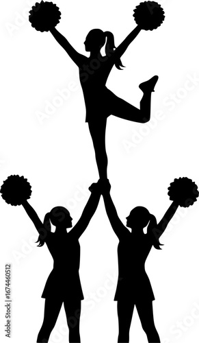 Cheerleader Silhouette Stunt Trio Black and White Flat Vector Illustration for Sports Graphics