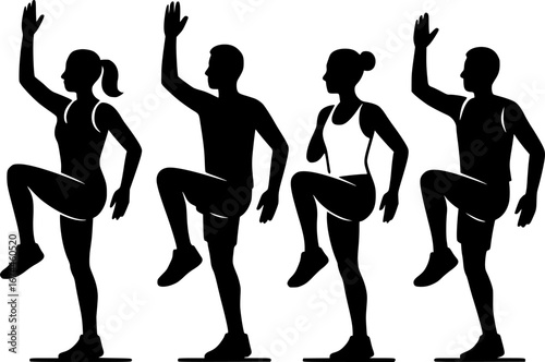 Minimalist black and white silhouette of an aerobics group training session, flat vector style, perfect for fitness graphics, workout logos, and health illustrations