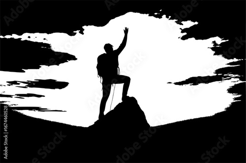 Black and white silhouette of an alpinist reaching a mountain peak, flat minimal vector style, perfect for climbing graphics, adventure logos, and outdoor illustrations