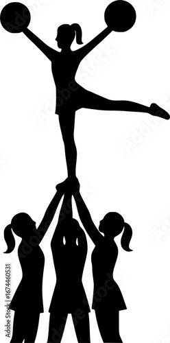 Minimalist black and white silhouette of a cheerleading stunt lift, flat vector style, perfect for sports graphics, event logos, posters, and team illustrations