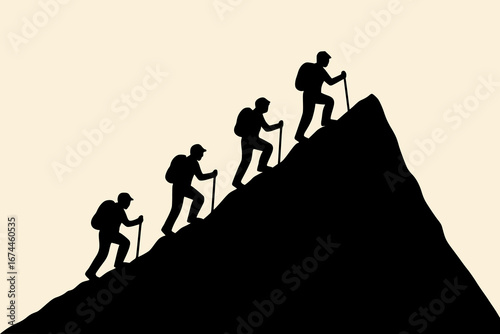 Black and white silhouette of an expedition group climbing a mountain, flat minimal vector style, perfect for adventure graphics, outdoor logos, and exploration illustrations