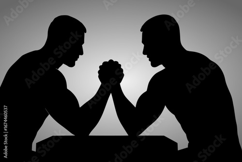 Black and white silhouette of two arm wrestlers in competition pose, flat minimal vector style, perfect for strength sports graphics, logos, and illustrations