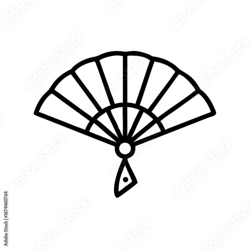 Decorative hand fan illustration in minimalist style and black outline  