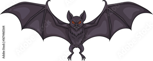 Cartoon bat with spread wings and red eyes on a white background halloween theme