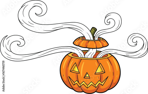 Spooky halloween pumpkin with smoke coming out of it for a festive celebration