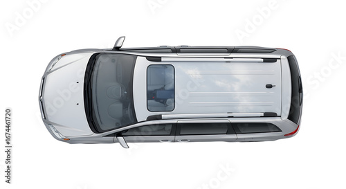 Top Down View of a Silver Family SUV Car on a Sunny Day Aerial Perspective