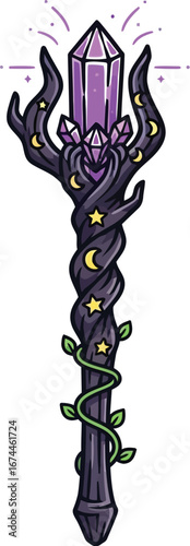 Magical crystal staff with celestial details and a winding vine illustration art