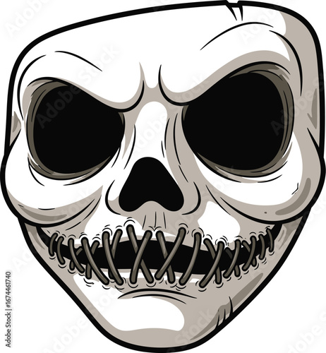 Cartoon skull with stitched mouth and dark eyes on a white background illustration
