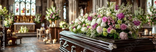 Elegant floral arrangements surrounding a casket in a serene church during a somber memorial service