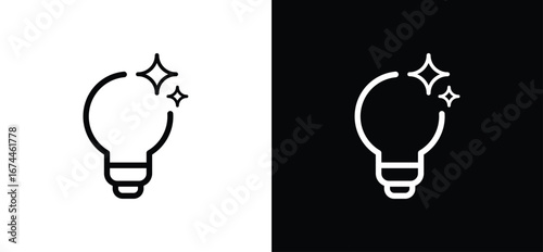 AI ideas and suggestions icons, light bulb with sparkle stars in minimalist line vector, for tips, insights, recommendations and smart hints in app and web UI. Vector illustration.